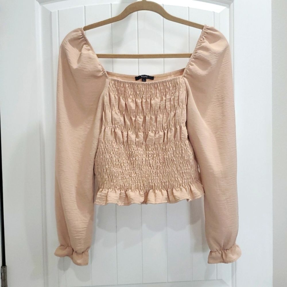Blashe Tan Womans Ruffle Smocked Puff Sleeve Crop Top Size Large